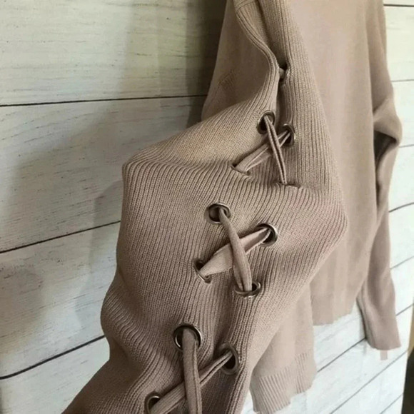 JOA Light Dusty Pink Ribbed Tie Sleeve Crewneck Sweater L - Picture 7 of 7